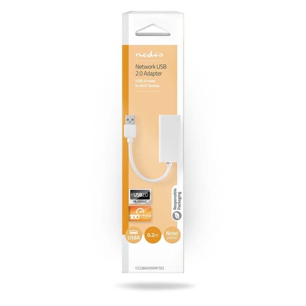 Nedis USB-nettverkskort | USB 2.0 | 100 Mbps | USB-A Han | RJ45 Hun | 0.20 m | Rund | Gull belagt / Nikkel belagt | Bare kobber | Hvit | Boks