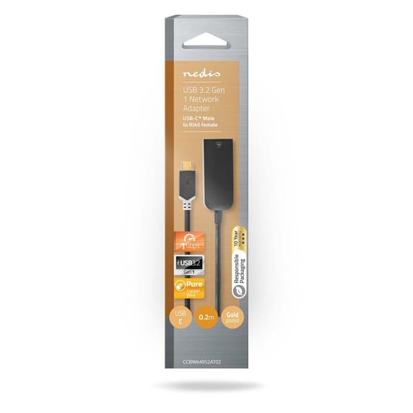 Nedis USB-nätverkskort | USB 3.2 Gen 1 | 1000 Mbps | USB-C™ Hane | RJ45 Hona | 0.20 m | Rund | Guldplaterad | Förtent Koppar | Antracit | Låda