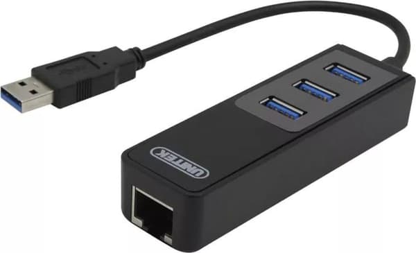 DELTACO nettverksadapter, 1xGigabitRJ45, 1xUSB3 A ha, 3x USB3 ho