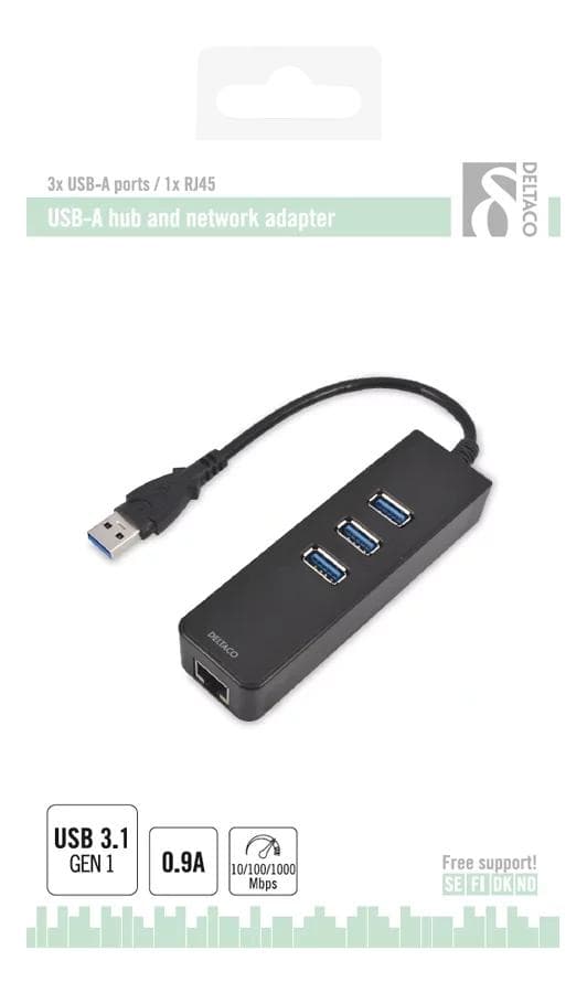 DELTACO nettverksadapter, 1xGigabitRJ45, 1xUSB3 A ha, 3x USB3 ho