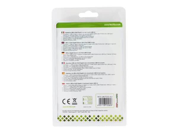 TECHly USB3.0 Gigabit Ethernet Adapter Converter with 3-Port Hub - Nätverksadapter - USB 3.0 - Gigabit Ethernet x 1 + USB 3.0 x 3 - svart