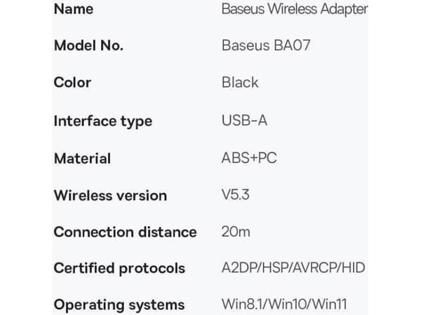 Baseus ZJBA010001, Trådløs, USB, Bluetooth, Sort