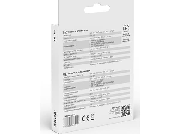 Karta sieciowa Savio Karta sieciowa adapter Wi-Fi USB, 2.4 GHz / 5 GHz, 433 Mbps, AK-61