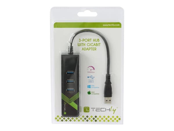 TECHly USB3.0 Gigabit Ethernet Adapter Converter with 3-Port Hub - Nettverksadapter - USB 3.0 - Gigabit Ethernet x 1 + USB 3.0 x 3 - svart