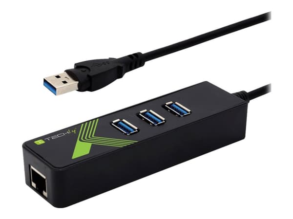 TECHly USB3.0 Gigabit Ethernet Adapter Converter with 3-Port Hub - Nettverksadapter - USB 3.0 - Gigabit Ethernet x 1 + USB 3.0 x 3 - svart