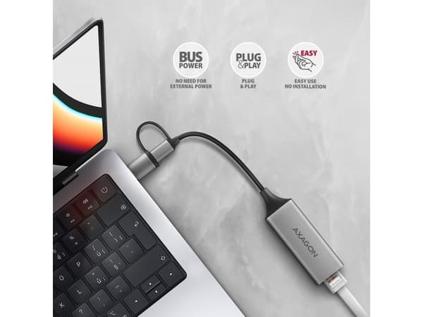 Axagon ADE-TXCA Gigabit Ethernet Adapter USB-C+ USB-A - titangrau - Adapter - Digital/Daten, Kabel, USB Type-A/USB Type-C, Ethernet, 1000 Mbit/s, Grå
