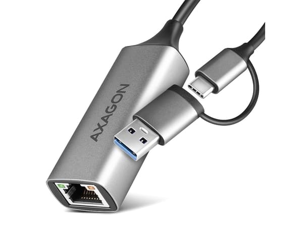 Axagon ADE-TXCA Gigabit Ethernet Adapter USB-C+ USB-A - titangrau - Adapter - Digital/Daten, Kabel, USB Type-A/USB Type-C, Ethernet, 1000 Mbit/s, Grå Grå