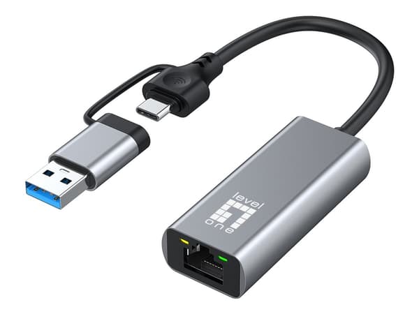 LevelOne - Nätverksadapter - USB-C 3.2 Gen 1 / USB-A 3.2 Gen 1 - 10M/100M/1G/2.5 Gigabit Ethernet - grå Grå