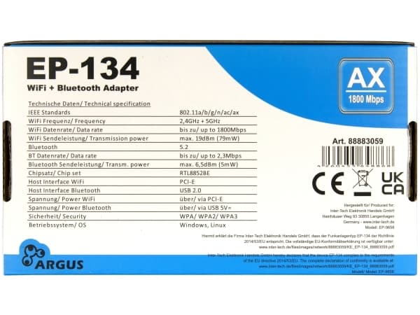 Argus EP-134 - Nettverksadapter - PCIe / USB 2.0 - Wi-Fi 5, Bluetooth 5.2, Wi-Fi 6