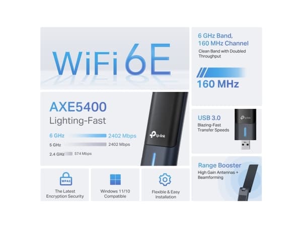 TP-Link Archer TXE70UH, Kabel & Trådlös, USB, WLAN, Wi-Fi 6E (802.11ax), 5400 Mbit/s, Svart