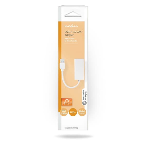 Nedis USB-netværksadapter | USB 3.2 Gen 1 | 1 Gbps | USB-A Han | RJ45 Hun | 0.20 m | Runde | Nikkelplateret | Kobber | Hvid | Box