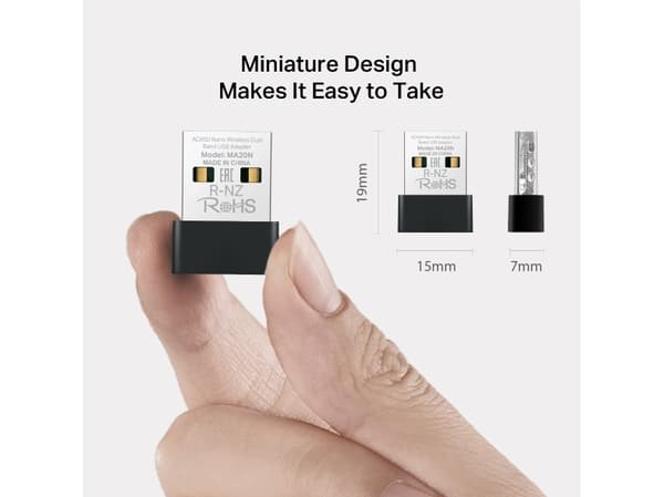 Mercusys MA20N, Trådlös, USB Type-A, WLAN, Wi-Fi 5 (802.11ac), 650 Mbit/s, Svart, Metallisk