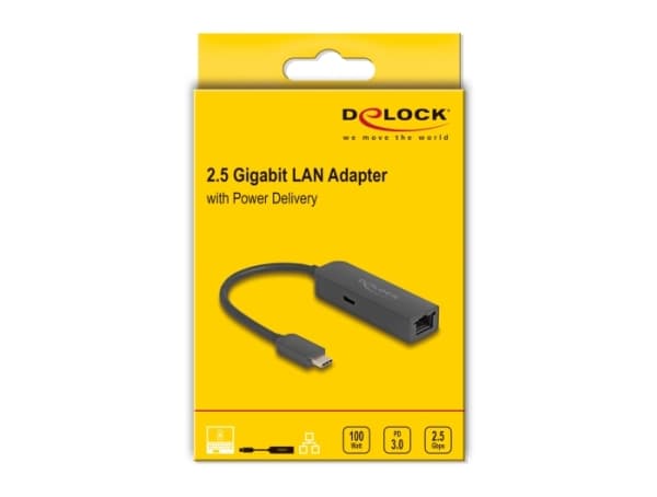 DeLOCK USB Type-C Adapter to 2.5 Gigabit LAN with Power Delivery 100 watt, Wired, USB Type-C, Ethernet, 5000 Mbit/s, Black