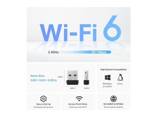 TP-Link AX300, Trådlös, USB, WLAN, Wi-Fi 6 (802.11ax), 287 Mbit/s, Svart
