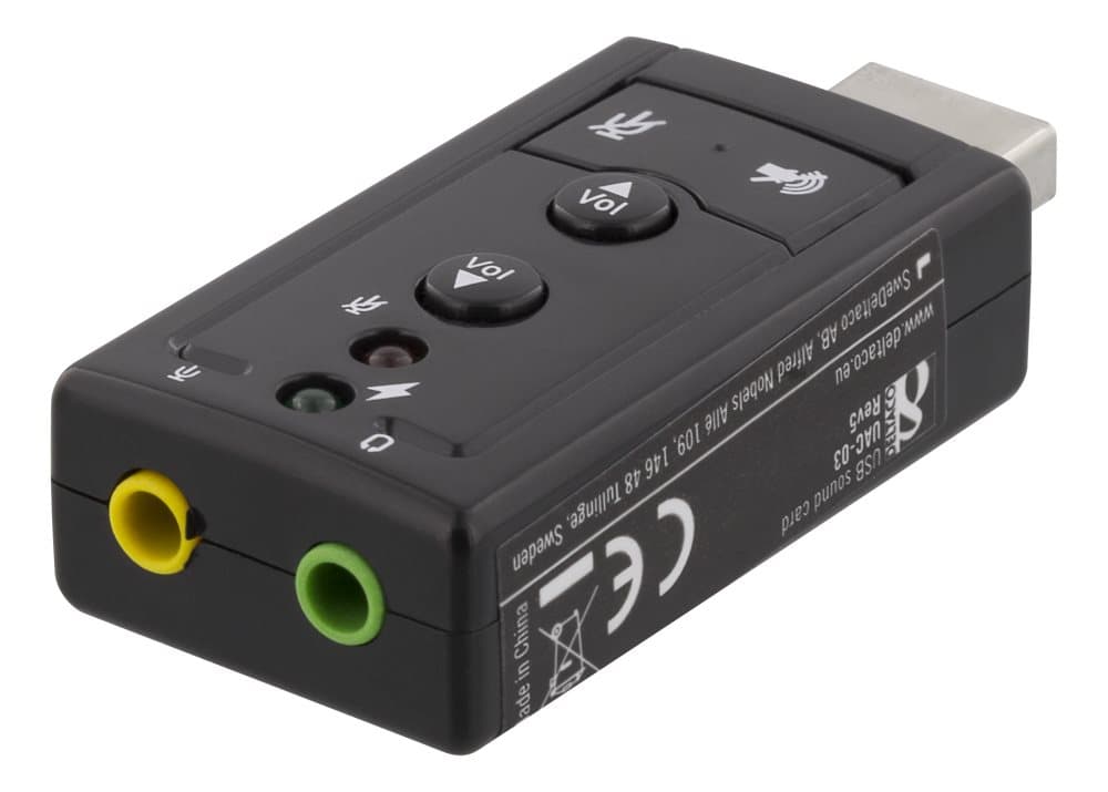 DELTACO USB-lydkort, tilslutning til hovedelefoner og mikrofon, 2x3,5m