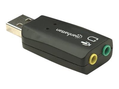 Manhattan USB-A Sound Adapter, USB-A to 3.5mm Mic-in and Audio-Out ports, 480 Mbps (USB 2.0), supports 3D and virtual 5.1 surround sound, Hi-Speed US