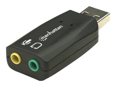 Manhattan USB-A Sound Adapter, USB-A to 3.5mm Mic-in and Audio-Out ports, 480 Mbps (USB 2.0), supports 3D and virtual 5.1 surround sound, Hi-Speed US