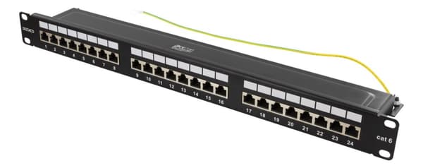 DELTACO STP patch panel, 24xRJ45, Cat6, 1U, 19", metal, black