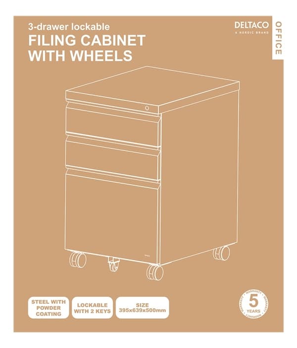 DELTACO Office, Cabinet on wheels with lock, 3 drawers, white