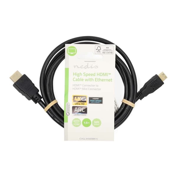 Nedis High Speed HDMI ™ kabel med Ethernet | HDMI™ Stik | HDMI™ Mini-stik | 4K@30Hz | 10.2 Gbps | 1.50 m | Runde | PVC | Sort | Label