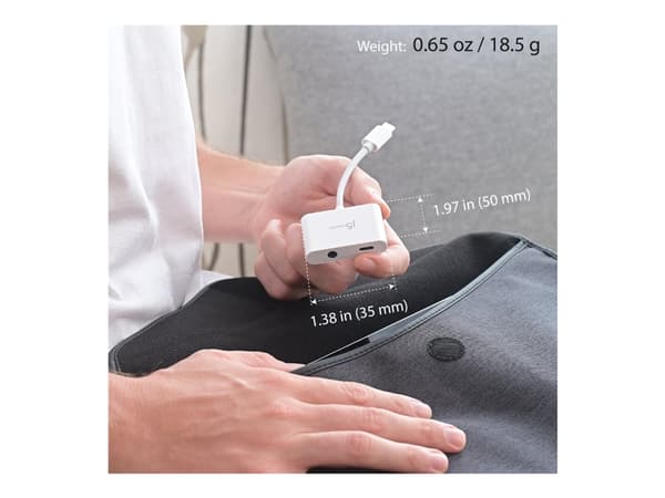 j5create JCA122 - USB-C til hodetelefonjakk / ladeadapter - 24 pin USB-C hann til 24 pin USB-C, 3,5 mm telefonjakk hunn - 8.2 cm - hvit - USB Power D