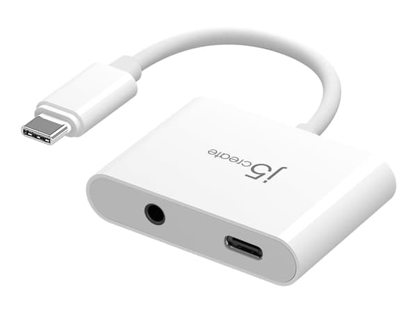 j5create JCA122 - USB-C til hodetelefonjakk / ladeadapter - 24 pin USB-C hann til 24 pin USB-C, 3,5 mm telefonjakk hunn - 8.2 cm - hvit - USB Power D