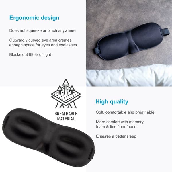 Ögonmask i Svart Ergonomiskt förformad unisex-sömnmask för vilsam sömn Passar bra på näsan och mer utrymme för ögon och ögonfransar