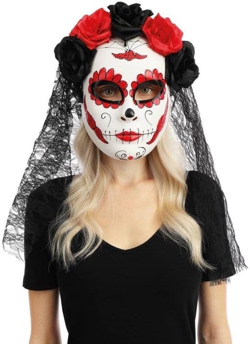 P'TIT Clown re23574 - Mask Day of the Dead med blommor och slöja