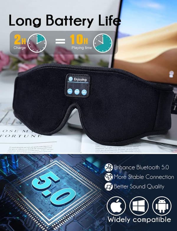 Lollanda Sleep Headphones – Bluetooth Høretelefoner i Pandebånd & Øjenmaske, Trådløs Stereomusik til Søvn og Afslapning