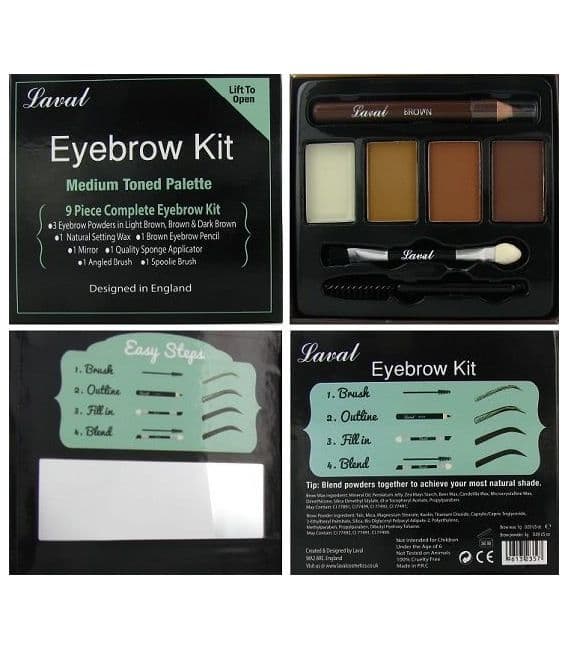 Laval Brow Palette 9PCS-Pencil+Brush+Wax+3Powders- Medium Toned