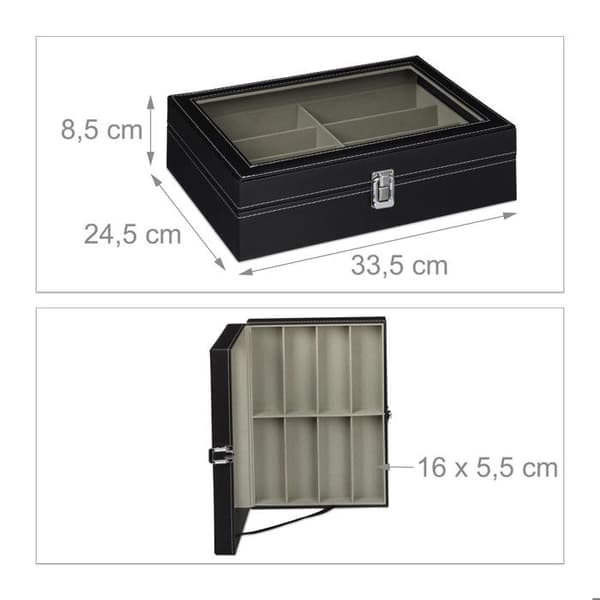 Relaxdays glasögonfodral för 8 par, solglasögonförvaring, 8,5 x 33,5 x 24,5 cm, läderbox, svart