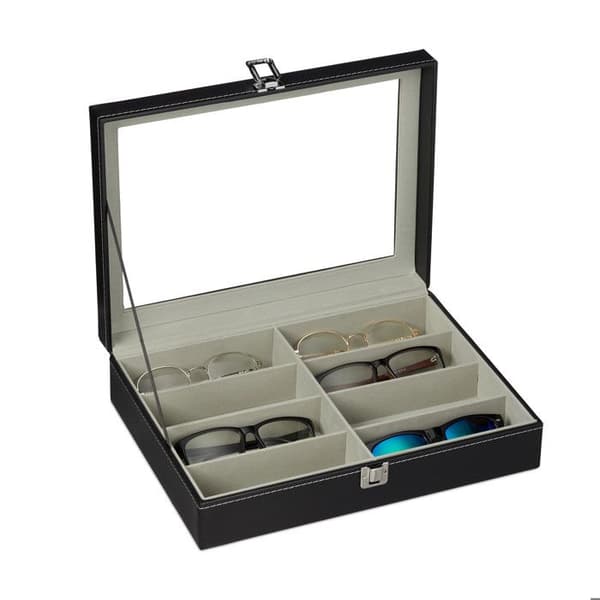 Relaxdays glasögonfodral för 8 par, solglasögonförvaring, 8,5 x 33,5 x 24,5 cm, läderbox, svart