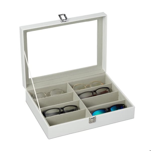 Relaxdays glasögonfodral för 8 par, solglasögonförvaring, 8,5 x 33,5 x 24,5 cm, läderfodral, vit