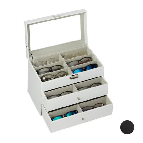 Relaxdays Glasögonförvaring för 18 par, Ramförvaring, konstläder 22,5 x 33,5 x 19,5 cm, kista, vit