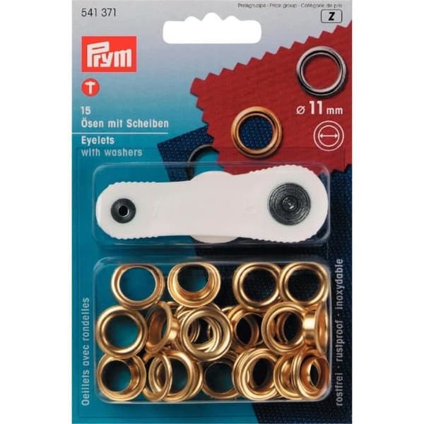 Öljetter och brickor - PRYM - 11 mm - Gyllene mässing - 15 delar - Verktyg ingår
