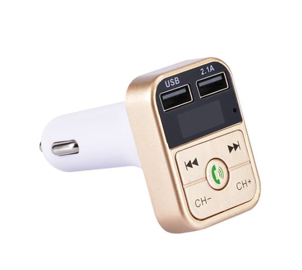 2-i-1 FM-sender med doble USB-kontakter, display og knapper, gull