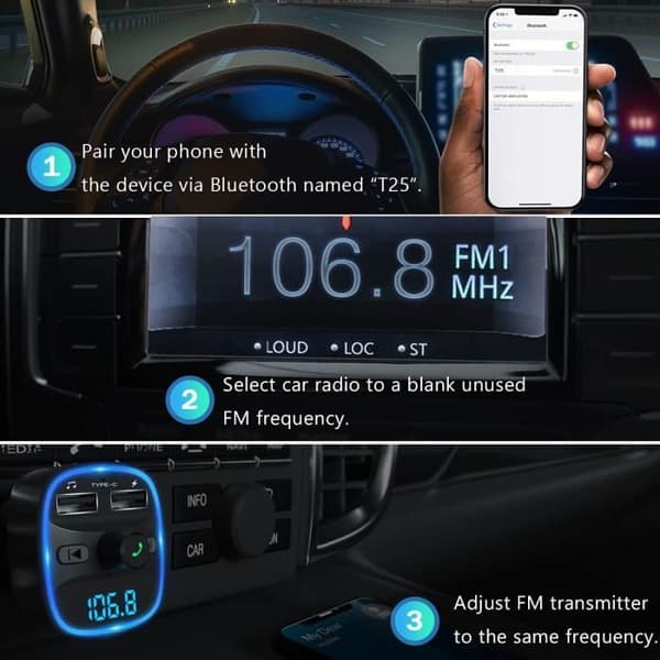 ZHMAO Bluetooth FM-sändare, Bluetooth MP3-spelare Trådlös radioadaptersats FM-sändare Billaddare