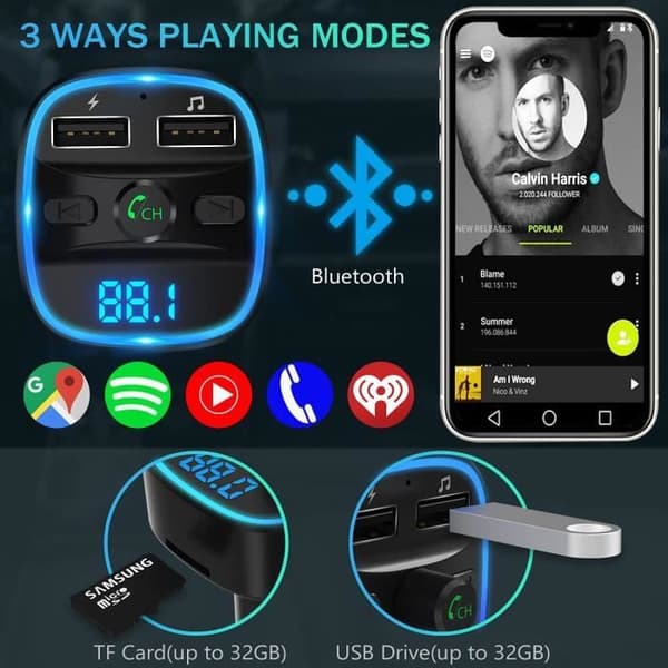 ZHMAO Bluetooth FM-sändare, Bluetooth MP3-spelare Trådlös radioadaptersats FM-sändare Billaddare