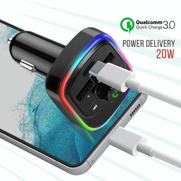 Bluetooth FM-sändare med USB QC 3.0 och USB-C billaddare 20W C4 Svart