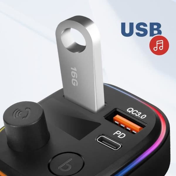 Bluetooth FM-sändare med USB QC 3.0 och USB-C billaddare 18W C2 Svart