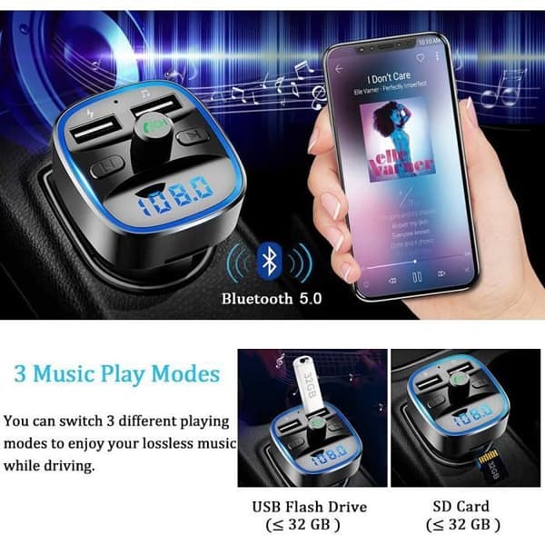 Bluetooth FM-sändare, Bluetooth 5.0 bilradioadapter MP3-spelare Trådlöst handsfree-kit, cigarettändarladdare med D