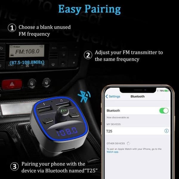 Bluetooth FM-sändare, Bluetooth 5.0 bilradioadapter MP3-spelare Trådlöst handsfree-kit, cigarettändarladdare med D