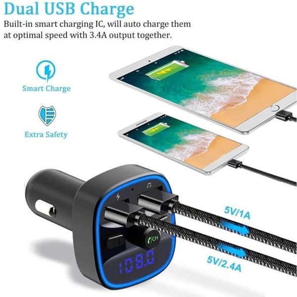 Bluetooth FM-sändare, Bluetooth 5.0 bilradioadapter MP3-spelare Trådlöst handsfree-kit, cigarettändarladdare med D