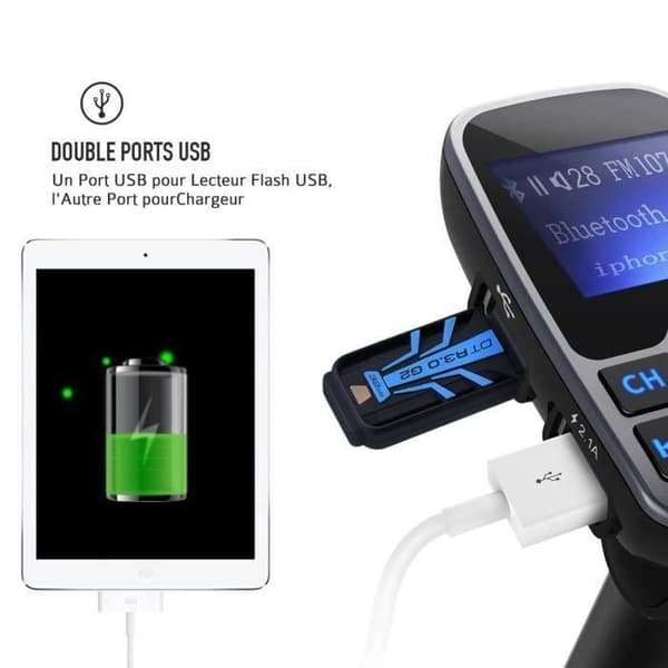 Bil Bluetooth MP3-spelare FM-sändare Handsfree-samtal, Dubbel USB-laddning, Micro SD-TF för iPhone 8 7 Plus 6, Samsung