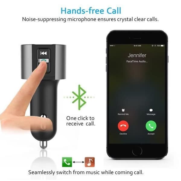 Bil Bluetooth MP3-spelare FM-sändare Handsfree-samtal, Dubbel USB-laddning, Micro SD-TF för iPhone X, Samsung 10
