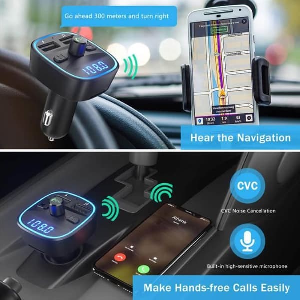 Bluetooth FM-sändare, Bluetooth MP3-spelare Trådlös radioadaptersats FM-sändare Billaddare, handsfreesamtal