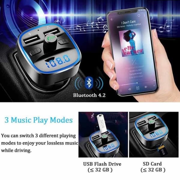 Bluetooth FM-sändare, Bluetooth MP3-spelare Trådlös radioadaptersats FM-sändare Billaddare, handsfreesamtal