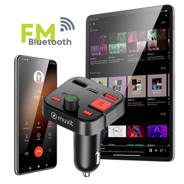 Bluetooth FM-sändare - MUVIT - Cigarettändare - USB 3.0 och USB-C-port - Integrerad mikrofon - Handsfree