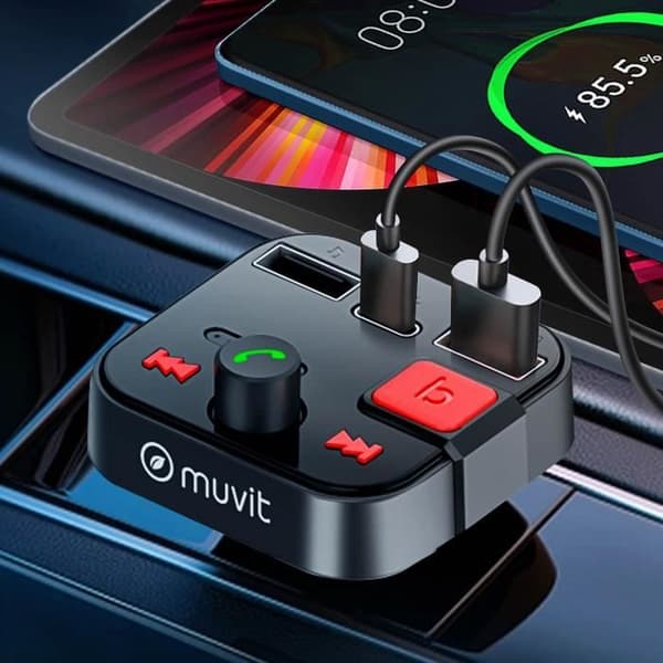 Bluetooth FM-sändare - MUVIT - Cigarettändare - USB 3.0 och USB-C-port - Integrerad mikrofon - Handsfree