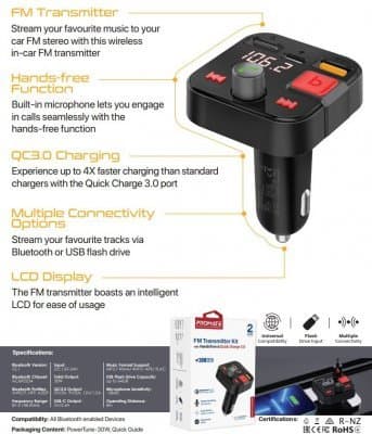 PROMATE PowerTune-30W Bluetooth FM Transmitter QC3.0 / PD30W / USB / Hands-free